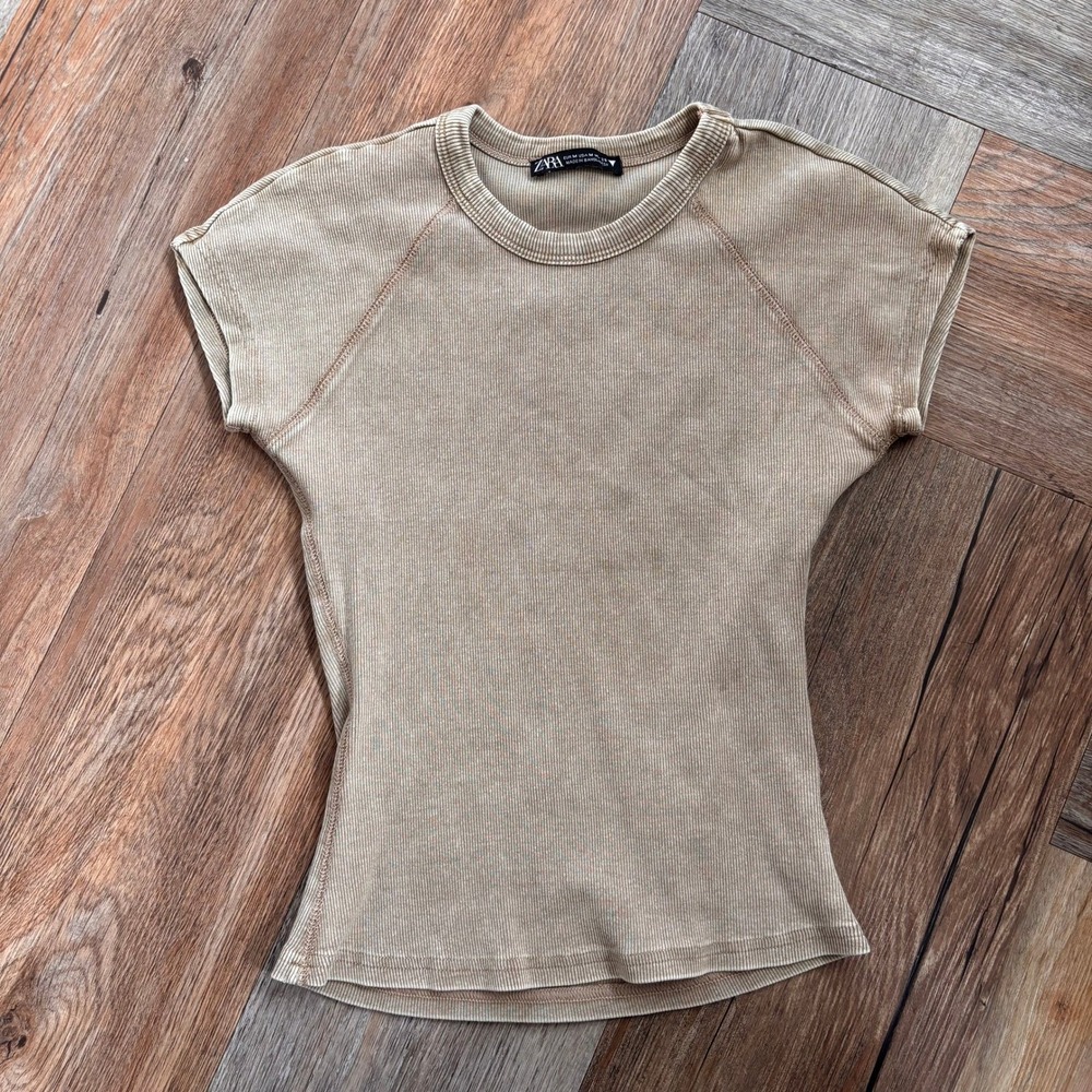 Zara Womens Ribbed Cap Sleeve Mineral Wash T-Shirt Size Medium